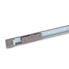 GN 1490 Steel Cam Roller Linear Guide Rail Systems, with Interior Travel Path Type: A3 - With one cam roller carriage with 3 rollers<br />Identification no.: 1 - With one end stop<br />Finish: ZB - Zinc plated, blue passivated finish