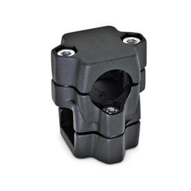 GN 134 Aluminum Two-Way Connector Clamps, Split Assembly d<sub>1</sub>: B - Bore<br />d<sub>2</sub>: V - Square<br />Finish: SW - Black, RAL 9005, textured finish