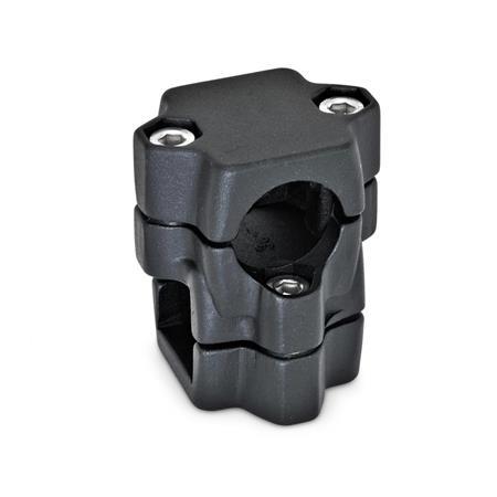 GN 134 Aluminum Two-Way Connector Clamps, Split Assembly d1/s1: B - Bore
d2/s2: V - Square
Finish: SW - Black, RAL 9005, textured finish