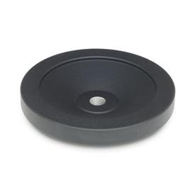 GN 323 Volantes de disco sólidos, de aluminio, revestimiento de polvo negro, con o sin empuñadura giratoria Código del orificio: B - Sin chavetero<br />Tipo: A - Sin empuñadura