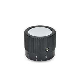 GN 726.1 Aluminum Knurled Control Knobs, Straight Shoulder, Plain Bore or Collet Type Type: S - With scale 0...9, 20 graduations<br />Identification No.: 1 - With grub screw