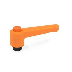 WN 304 Nylon Plastic Straight Adjustable Levers with Push Button, Tapped or Plain Bore Type, with Steel Components Lever color: OS - Orange, RAL 2004, textured finish<br />Push button color: O - Orange, RAL 2004