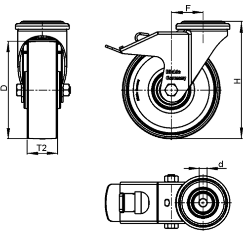  LKRA-VPA Rodajas giratorias de acero con ruedas de caucho gris de servicio ligero, montaje con agujero para perno o espárrago roscado, serie de soportes pesados boceto