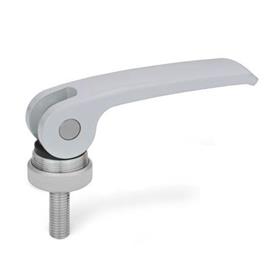 GN 927.4 Zinc Die-Cast Clamping Levers with Eccentrical Cam, Threaded Stud Type, with Stainless Steel Components Type: A - Plastic contact plate with setting nut<br />Color: S - Silver, RAL 9006