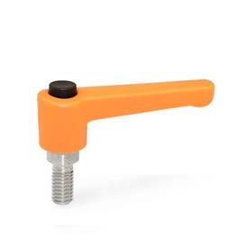 WN 304.1 Nylon Plastic Straight Adjustable Levers with Push Button, Threaded Stud Type, with Stainless Steel Components Lever color: OS - Orange, RAL 2004, textured finish<br />Push button color: S - Black, RAL 9005