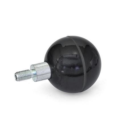  PB/GE Perillas de bola giratorias de plástico fenólico, tipo saliente corto, con husillo roscado de acero 
