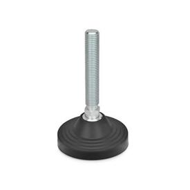 EN 244 Steel Leveling Feet, Plastic Base, Threaded Stud Type with Spherical Seating, without Mounting Holes Type: A - Without nut, without rubber pad