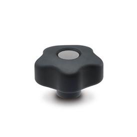 EN 5337.6 Technopolymer Plastic Five-Lobed Knobs, with Brass Tapped Insert with Colored Cover Caps, Softline Color of the cover cap: DGR - Gray, RAL 7035, matte finish