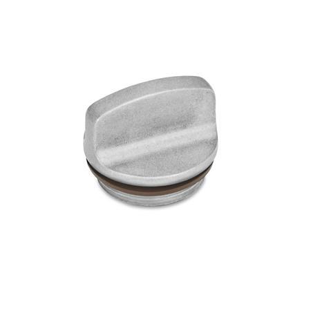 GN 442 Tapones roscados de aluminio, con agarradera, resistente hasta 392 °F Identificación núm.: 1 - Sin perforación para ventilación
Color: BL - Liso, acabado pulido