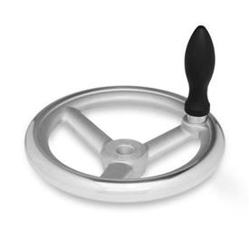 DIN 950 Volants à bras en fonte / aluminium, avec ou sans poignée tournante Matériau: AL - Aluminium<br />Code d'alésage: B - Sans rainure de clavette<br />Type: D - Avec poignée tournante