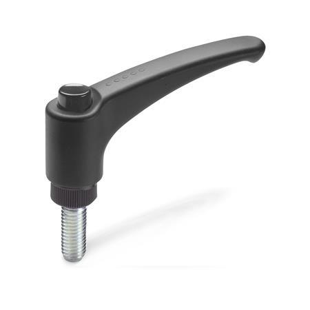 EN 603 Technopolymer Plastic Adjustable Levers, with Push Button, Threaded Stud Type, with Steel Components, Ergostyle® Color of the push button: DSG - Black-gray, RAL 7021, shiny finish