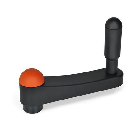 EN 670 Technopolymer Plastic Crank Handles, Ergostyle®, with Revolving Handle, with Bore Color of the cover cap: DOR - Orange, RAL 2004, matte finish