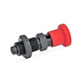GN 817 Steel Indexing Plungers, Lock-Out and Non Lock-Out, with Multiple Pin Lengths, with Red Knob Type: CK - Lock-out, with lock nut<br />Color: RT - Red, RAL 3000