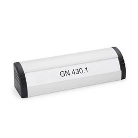 GN 430.1 Aluminum Ledge Handles, Plastic End Caps, with Lettering Block Finish: EL - Anodized finish, natural color