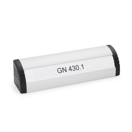 GN 430.1 Aluminum Ledge Handles, Plastic End Caps, with Lettering Block Finish: EL - Anodized finish, natural color