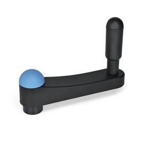 EN 670 Technopolymer Plastic Crank Handles, Ergostyle®, with Revolving Handle, with Bore Color of the cover cap: DBL - Blue, RAL 5024, Matte finish