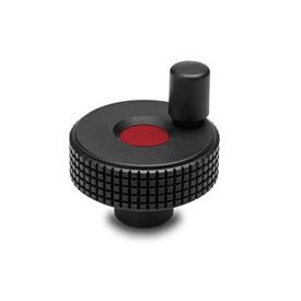 EN 735 Technopolymer Plastic Knurled Control Knobs, with Mini Revolving Handle, Colored Cover Caps Color of the cover cap: DRT - Red, RAL 3000, matte finish