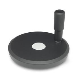 GN 923 Aluminum Flat-Faced Solid Disk Handwheels, with or without Revolving Handle Type: R - With revolving handle<br />Color: SW - Black, RAL 9005, textured finish<br />Bildvarianten: 80...200
