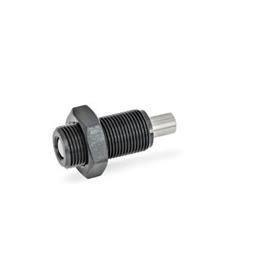 GN 313 Steel Spring Bolts, Plunger Pin Retracted in Normal Position Type: DK - Without knob, with lock nut<br />Identification no. : 1 - Pin without internal thread
