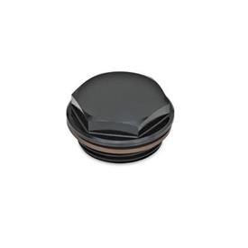 GN 742 Aluminum Fluid Fill / Drain Plugs, with or without Symbol, Resistant up to 356 °F Type: OSS - Without symbol, black anodized finish<br />Identification no.: 1 - Without vent hole