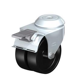  LMDA-POA Rodajas giratorias de acero con ruedas gemelas de nylon negro, montaje con agujero para perno, serie de soportes estándar Type: G-FI - Cojinete liso con freno «stop-fix»