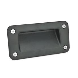 GN 7330 Zinc Die-Cast Gripping Trays, Screw-In Type Type: A - Mounting from the operator's side (for identification no. 2 with four countersunk sealing screws)<br />Identification no.: 2 - With seal<br />Finish: SW - Black, RAL 9005, textured finish