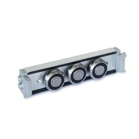 GN 2424 Aluminum / Steel Cam Roller Carriages, for Cam Roller Linear Guide Rails GN 2422 Type: N - Normal cam roller carriage, central arrangement<br />Version: X - With wiper for fixed bearing rail (X-rail)