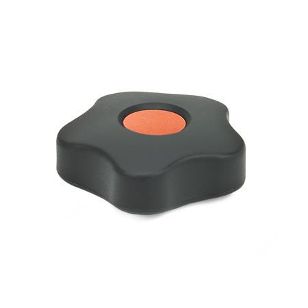EN 5331 Technopolymer Plastic Five-Lobed Knobs, with Brass Square or Tapped Insert, Low Type, with Colored Cover Caps Type: B - With cover cap
Color of the cover cap: DOR - Orange, RAL 2004, matte finish