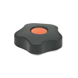 EN 5331 Technopolymer Plastic Five-Lobed Knobs, with Brass Square or Tapped Insert, Low Type, with Colored Cover Caps Type: B - With cover cap<br />Color of the cover cap: DOR - Orange, RAL 2004, matte finish