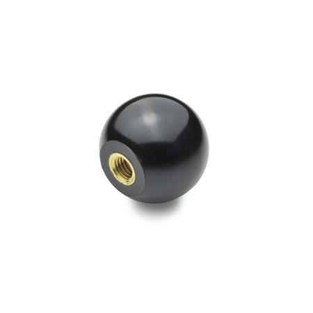 DIN 319 Metric Size, Phenolic Plastic Ball Knobs, Tapped Insert Type Material: KU - Plastic
Type: E - With tapped insert
Insert material: MS - Brass