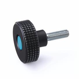 EN 534 Technopolymer Plastic Diamond Cut Knurled Knobs, with Steel Threaded Stud, with Colored Cap Cover cap color: DBL - Blue, RAL 5024, matte finish