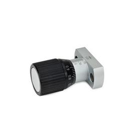 GN 727 Steel, Control Knobs with Adjustable Spindle, with Graduations Type: A - Mouting hole parallel to the spindle axle<br />Coding: SR - With scale 0.1 - 0.9, 50 graduations ascending clockwise