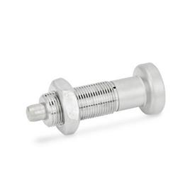 GN 613 Stainless Steel Indexing Plungers, Non Lock-Out, with Fully Threaded Body Material: NI - Stainless steel<br />Type: AKN - With stainless steel knob, with lock nut