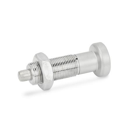GN 613 Stainless Steel Indexing Plungers, Non Lock-Out, with Fully Threaded Body Material: NI - Stainless steel
Type: AKN - With stainless steel knob, with lock nut