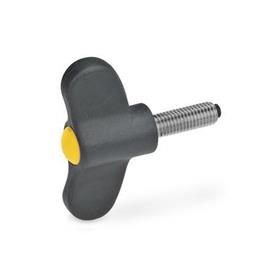 EN 633.10 Technopolymer Plastic Wing Screws, with Stainless Steel Threaded Stud, with Plastic Tip, Ergostyle® Color of the cover cap: DGB - Yellow, RAL 1021, matte finish