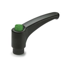 EN 603 Technopolymer Plastic Adjustable Levers, Ergostyle®, with Push Button, Tapped Type, with Brass Insert Color of the push button: DGN - Green, RAL 6017, shiny finish