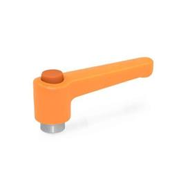 WN 304.1 Nylon Plastic Straight Adjustable Levers with Push Button, Tapped or Plain Bore Type, with Stainless Steel Components Lever color: OS - Orange, RAL 2004, textured finish<br />Push button color: O - Orange, RAL 2004