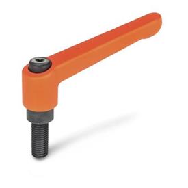 GN 300 Zinc Die-Cast Adjustable Levers, Threaded Stud Type, with Blackened Steel Components Color / Finish: OS - Orange, RAL 2004, textured finish