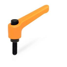 WN 303 Nylon Plastic Adjustable Levers with Push Button, Threaded Stud Type, with Blackened Steel Components Lever color: OS - Orange, RAL 2004, textured finish<br />Push button color: S - Black, RAL 9005