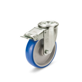 EN 22884 Steel / Stainless Steel Medium Duty Casters, Polyurethane Wheel Tread, Polyamide Wheel Core, Light Version Bearing type: G - Friction bearing<br />Bracket type: RF - Swivel bracket with center hole, with total lock brake<br />Coding: L - Light version<br />Bracket material: NI - Stainless steel sheet metal