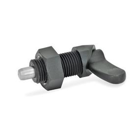 EN 672 Plastic Cam Action Indexing Plungers, with Steel / Stainless Steel Plunger Pin, Lock-Out Material: NI - Stainless steel<br />Type: AK - With lock nut