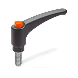EN 603.1 Technopolymer Plastic Adjustable Levers, with Push Button, Threaded Stud Type, with Stainless Steel Components, Ergostyle® Color: DOR - Orange, RAL 2004, shiny finish