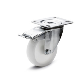 EN 22892 Steel / Stainless Steel Medium Duty Casters, Polyamide Wheel Tread / Core, Light Version Bearing type: G - Friction bearing<br />Bracket type: LF - Swivel bracket with mounting plate, with total lock brake<br />Coding: L - Light version<br />Bracket material: ST - Steel sheet metal