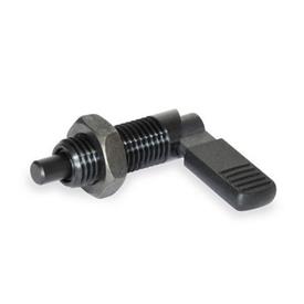 GN 721 Steel Cam Action Indexing Plungers, Non Lock-Out, with 180° Limit Stop Type: LBK - Left hand limit stop, with plastic sleeve, with lock nut