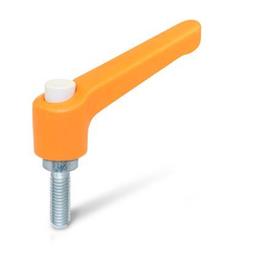 WN 303.2 Nylon Plastic Adjustable Levers, with Push Button, Threaded Stud Type, with Zinc Plated Steel Components Lever color: OS - Orange, RAL 2004, textured finish<br />Push button color: G - Gray, RAL 7035