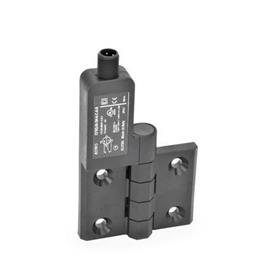 EN 239.4 Technopolymer Plastic Hinges with Integrated Switch, with Connector Plug Identification: SL - Bores for contersunk screw, switch left<br />Type: AS - Connector plug at the top