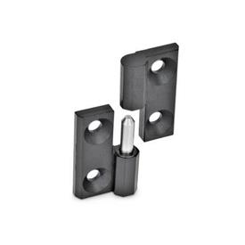 GN 337 Zinc Die-Cast Lift-Off Hinges, with Countersunk Bores Material: ZD - Zinc die-cast<br />Finish: SW - Black, RAL 9005, textured finish<br />Identification no.: 2 - Fixed bearing (pin) left