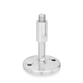 GN 23 Metric Thread, Stainless Steel Leveling Feet, Tapped Socket or Threaded Stud Type, with Turned Base, with Mounting Holes Type (Base): D0 - Fine turned, without rubber pad<br />Version (Stud / Socket): W - With adjustable sleeve, covered thread, wrench flat at the bottom