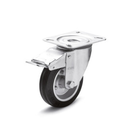 EN 22874 Steel Medium Duty Casters, Rubber Wheel Tread, Steel Sheet Metal Wheel Core, Light Version Bearing type: G - Friction bearing<br />Bracket type: LF - Swivel bracket with mounting plate, with total lock brake<br />Coding: L - Light version<br />Bracket material: ST - Steel sheet metal