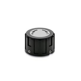 EN 957.1 Plastic Control Knobs, for Digital Position Indicators Type: L - With lettering, with arrow, ascending counter-clockwise<br />Color of the cover cap: DGR - Gray, RAL 7035, matte finish